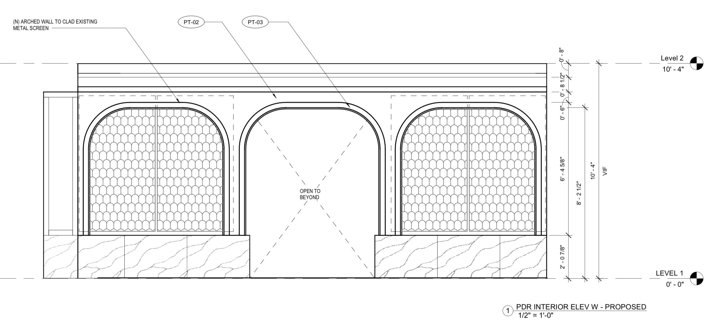 Private dining room interior elevation, proposed arched tile screens
